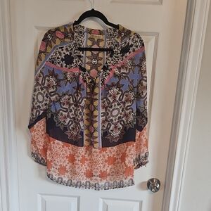 Democracy Pink and Blue Boho 3/4 Sleeve Blouse Sz L